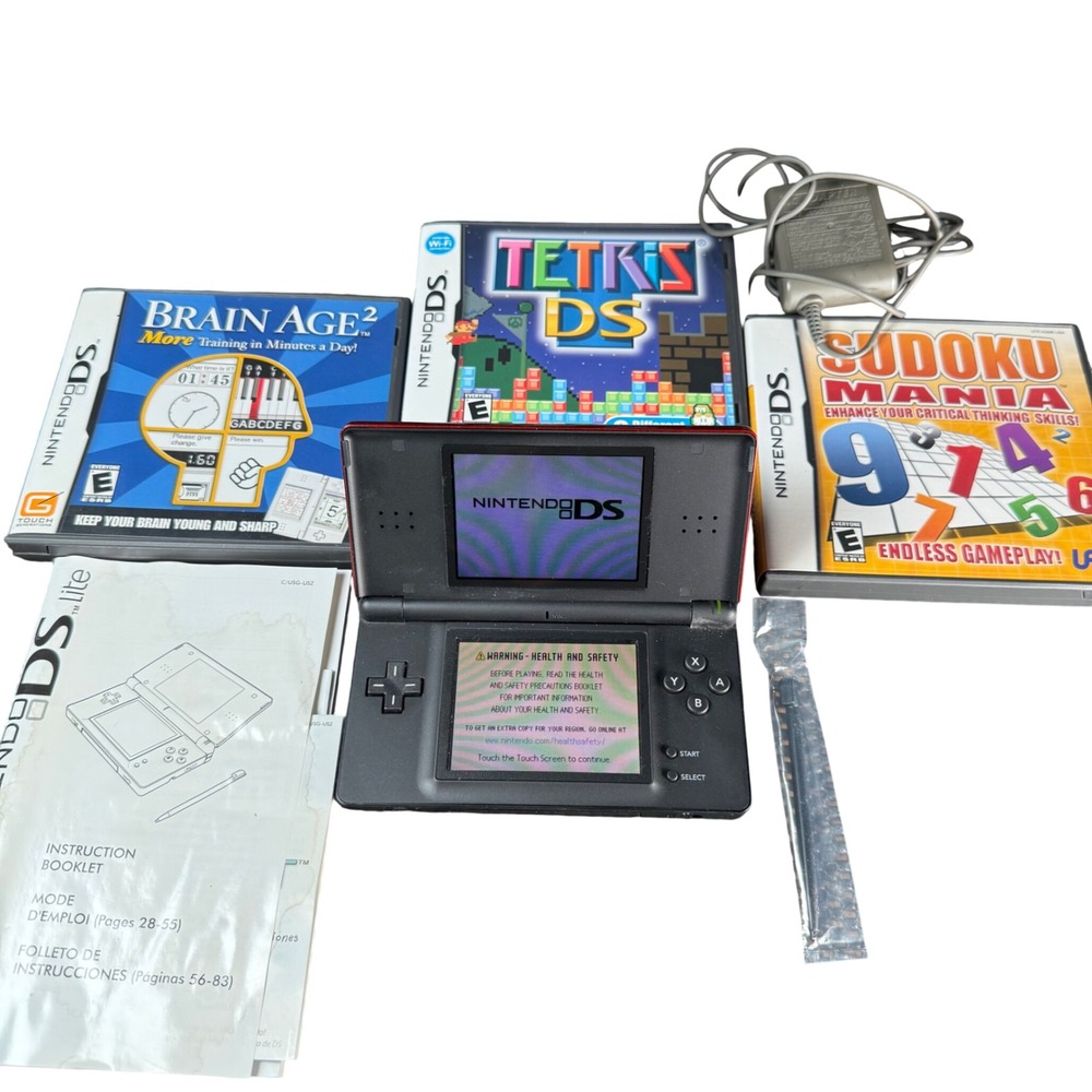 Nintendo DS Lite Console Crimson Red Bundle 3 Video Games Stylus Charger TESTED